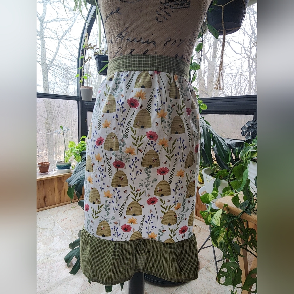 Handmade One of a kind, half apron, size small. Honeycomb, flower pattern.